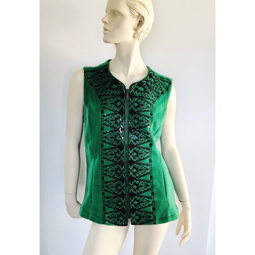 Bob Mackie Wearable Art, Size Medium/Large, Green Fleece Vest with Sequins